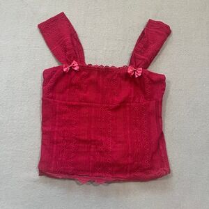 Y2K Red Eyelet Tank Top Size XS Bow Detail Cami‎ Lace Trim CottageCore Coquette